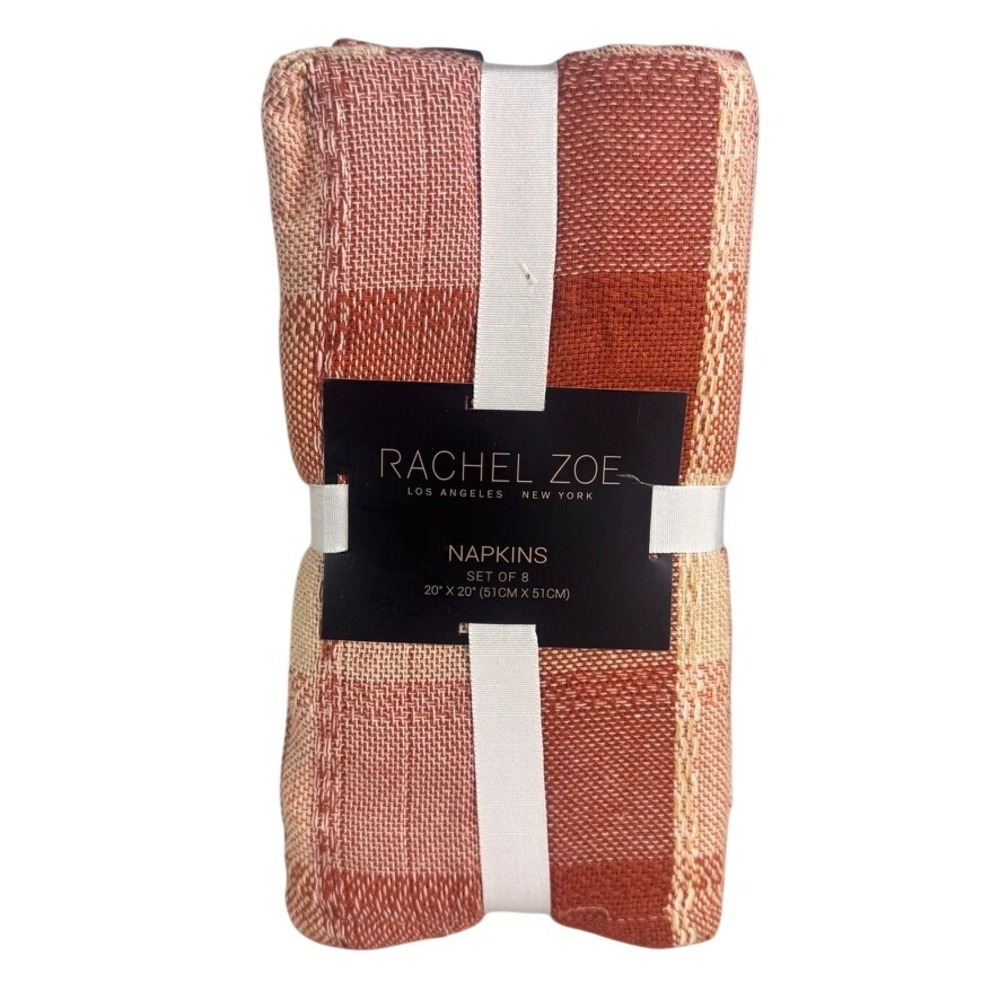 Rachel Zoe Set of 8 Cotton Napkins 20x20‎ Terracotta Rust Plaid Woven 608401 NEW